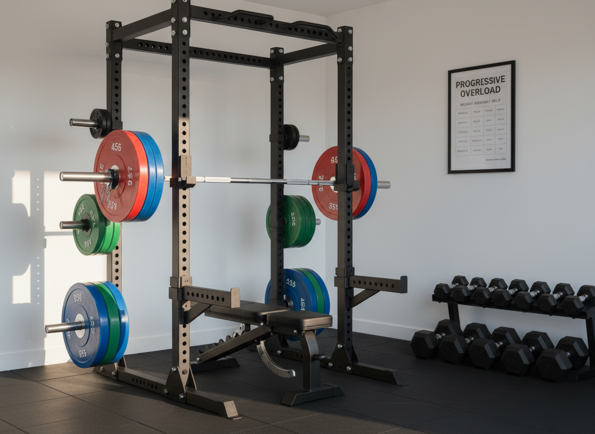 A neatly organized home garage gym focused on a heavy black steel power rack with a matte finish, loaded with glossy, color-coded bumper plates. Around it, a simple adjustable bench and a tidy row of hex dumbbells sit on thick rubber flooring, with a clean white wall behind featuring a minimalist chart of progressive overload and weekly workout splits. Soft morning sunlight enters from an unseen side window, creating crisp highlights on the metal knurling of the barbell and subtle shadows on the floor. Photographic realism, shot at eye level with a shallow depth of field, keeping the rack in sharp focus while the background gently blurs for a professional, motivating, aesthetic-physique atmosphere.