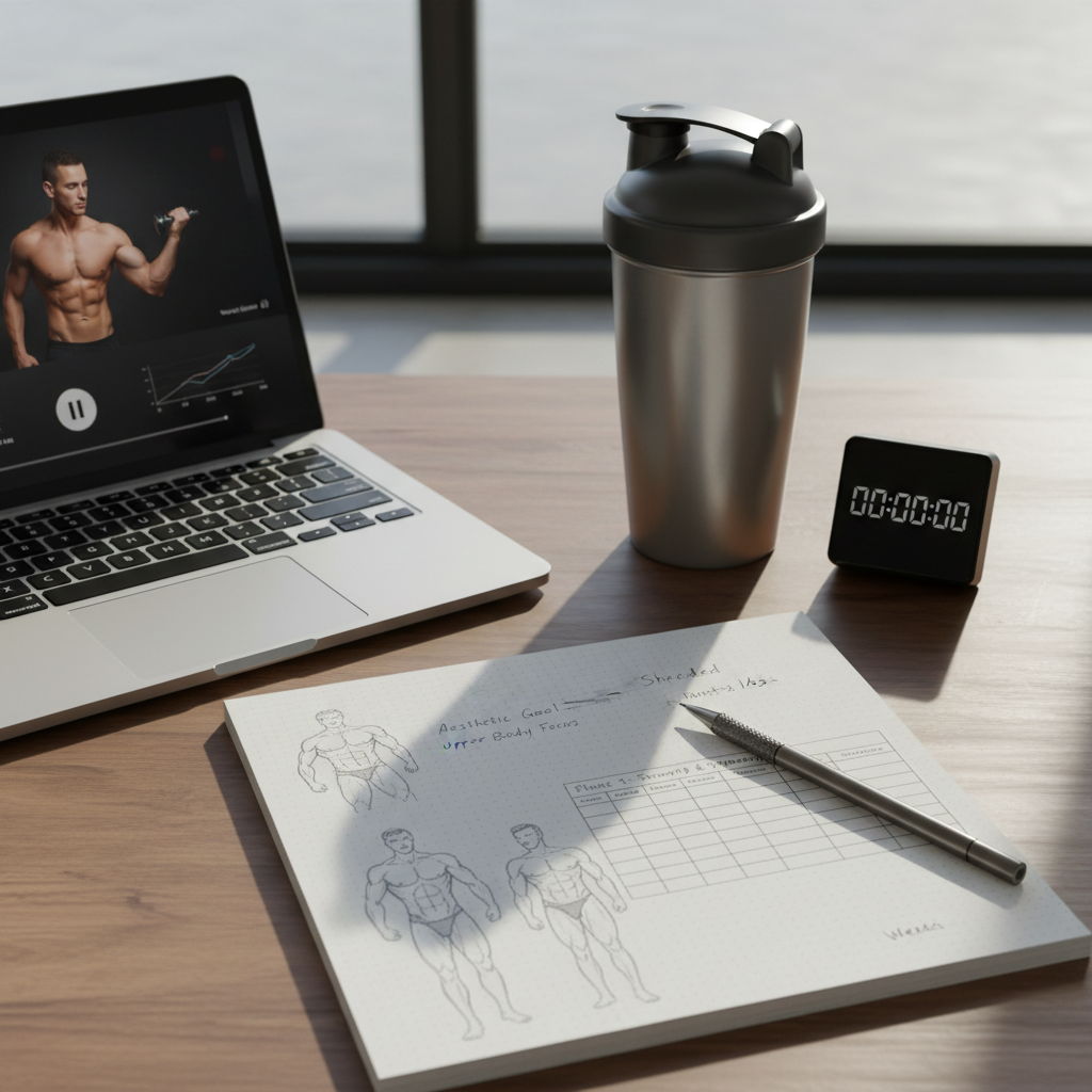 A close-up, photographic view of a polished wooden desk set up for muscle-building planning, centered on an open dotted notebook filled with neatly hand-drawn aesthetic physique goals and a structured workout schedule. A metal mechanical pencil rests diagonally across the page beside a slim laptop showing a paused workout video thumbnail and a minimalist progress graph. The desk surface is a rich walnut texture, with a stainless-steel shaker bottle and a small digital timer arranged precisely. Soft, diffused afternoon light from a nearby window casts gentle shadows and subtle reflections, creating a calm, focused, professional mood. Captured from a slightly elevated angle with balanced composition and crisp detail throughout, emphasizing discipline, structure, and long-term gains for naturally skinny hardgainers.